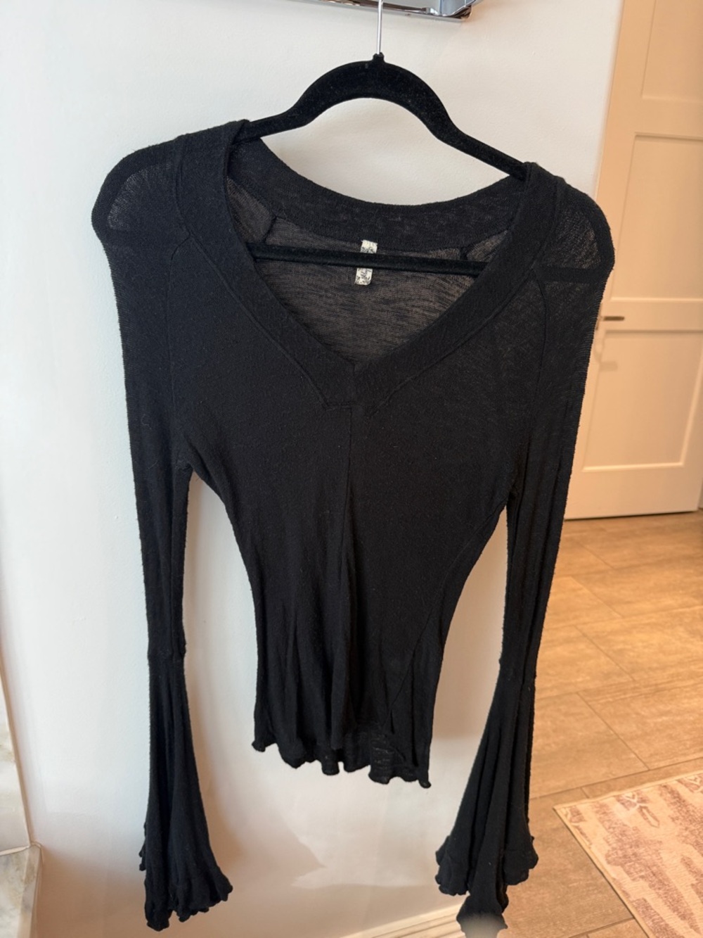 Free People Black V-Neck Long Sleeve Flared Cuff Top